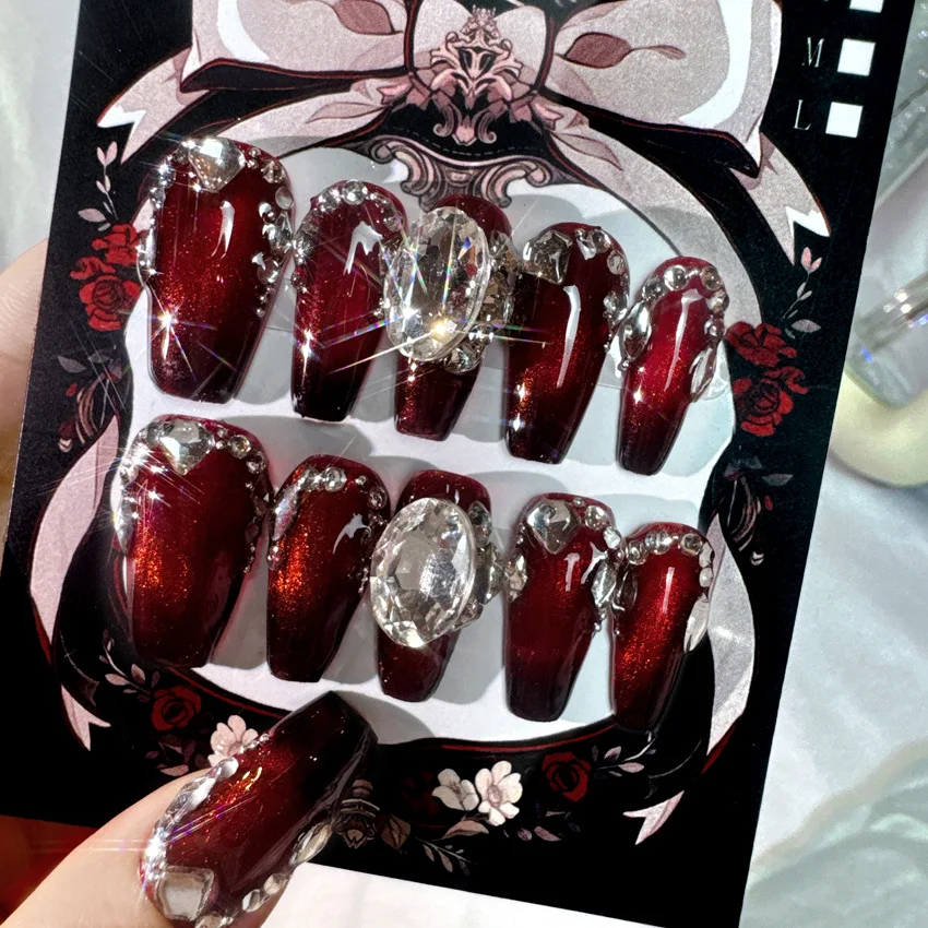 

10pcs Red Cat-Eye Handmade Nails Rhinestones Press on Nail Medium Ladder Full Coverage Nail Tips for Women&Girl Wearable Nail