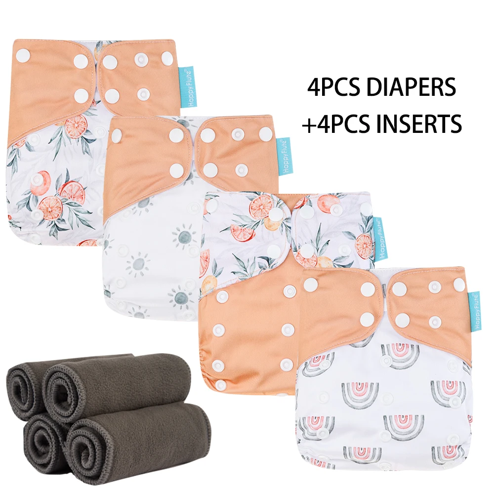 HappyFlute Baby Ecological Cloth Diapers Adjustable Washable Reusable Cloth Nappy For Baby Girls and Boys 4pcsDiaper+4pcs Insert