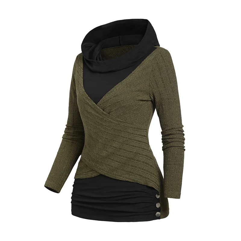 2024 neue Damen Hoodie schwitzt Tops strukturierte Crossover Patchwork Kapuze Knopf Dekor 2 in 1 Pullover Langarm Top