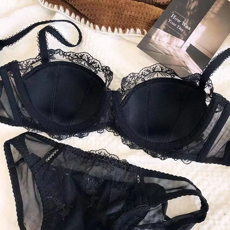 

French bra and panty set half cup eyelash lace embroidery soft steel ring with large chest and small chest sexy bralette set