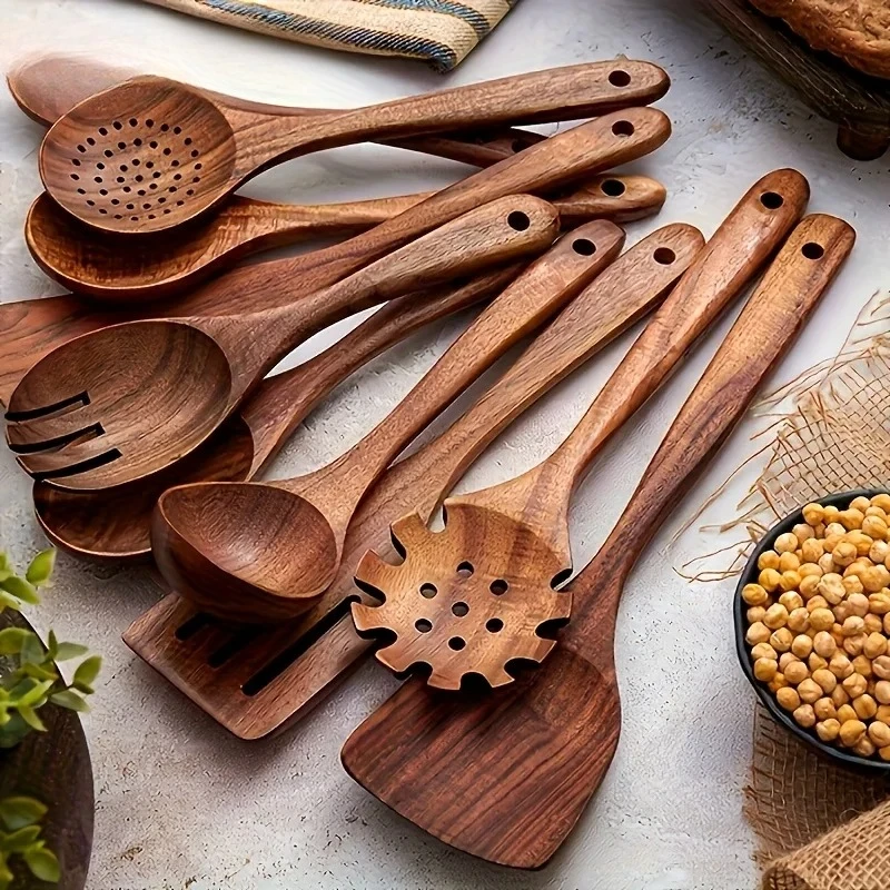 Teak Wood Kitchen Utensils Set Non‑stick Cooking Spatula Spoon Natural Wooden Cookware Kit for Kitchen Gadgets
