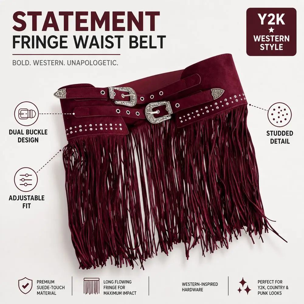 Hot Sale Soft Matte Look Western Waist Belt Extra Wide Suede Material Fringe Waist Belt Rivet Decor Boho Belt Daily Styling