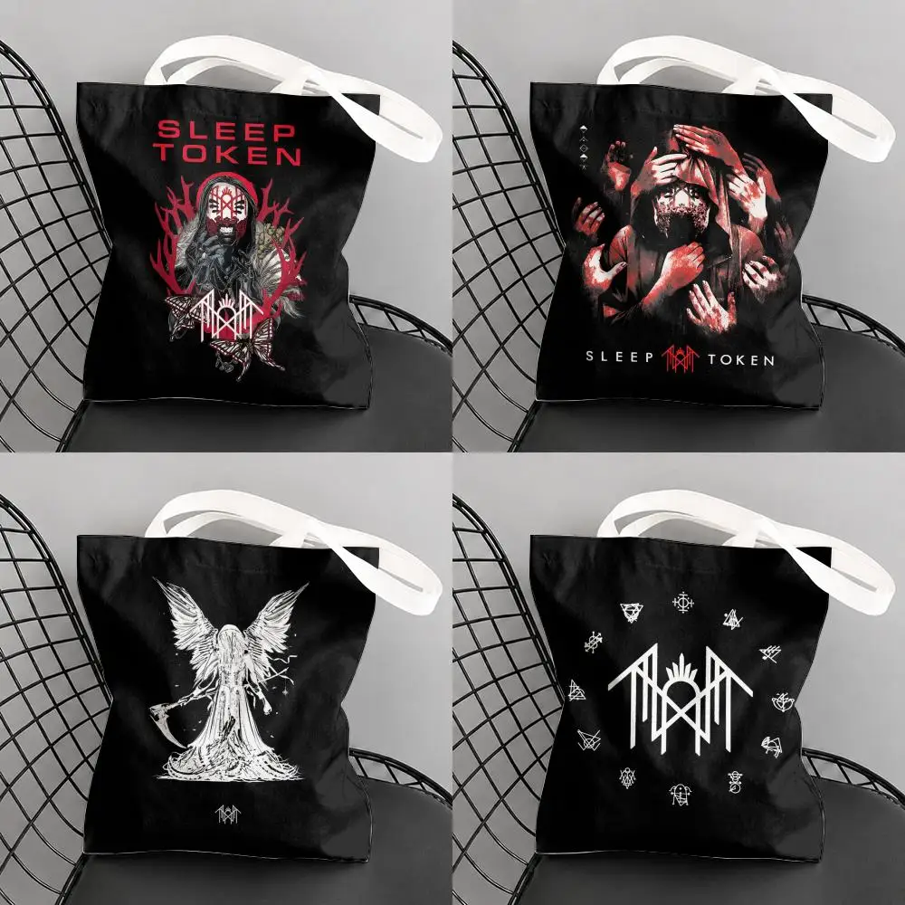 Rock S-Sleep Band T-Token Storage Bags Large Canvas Tote Bag Double-Sided Print Reusable Shoulder Handbag for Daily Shopping