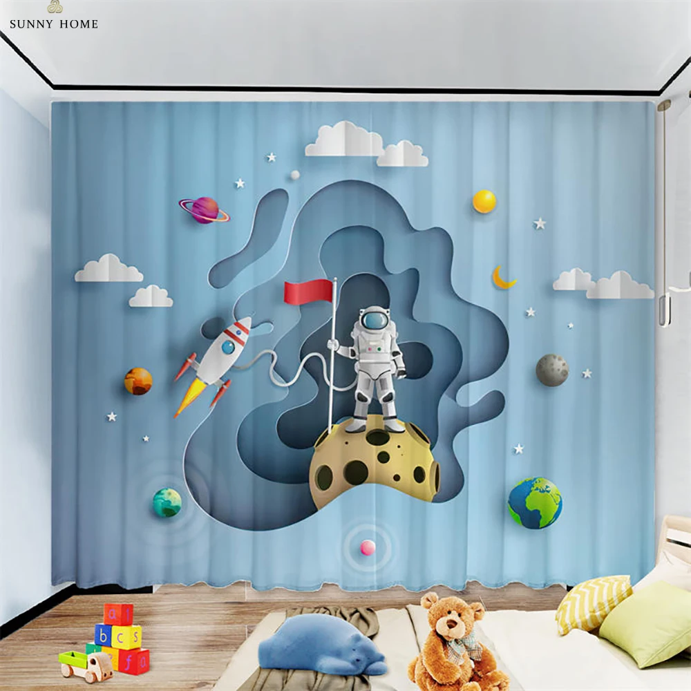 Space Astronaut Children's Room Boy's Room Cartoon Curtains Window Decoration Curtains Home Decoration Can Be Customized 2 PCS