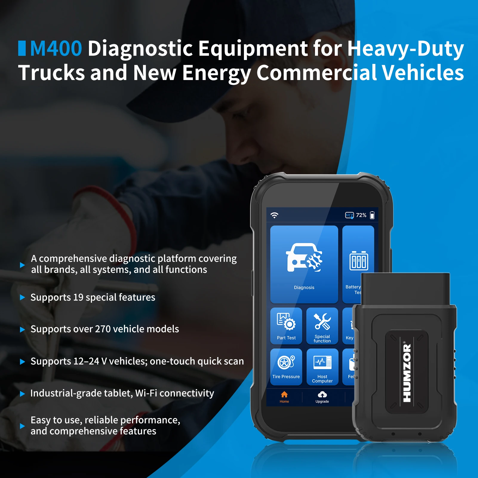 HUMZOR M400 Heavy Duty Truck OBD2 Diagnostic Scanner Full System Scan Tool for Diesel & New Energy Commercial Vehicles