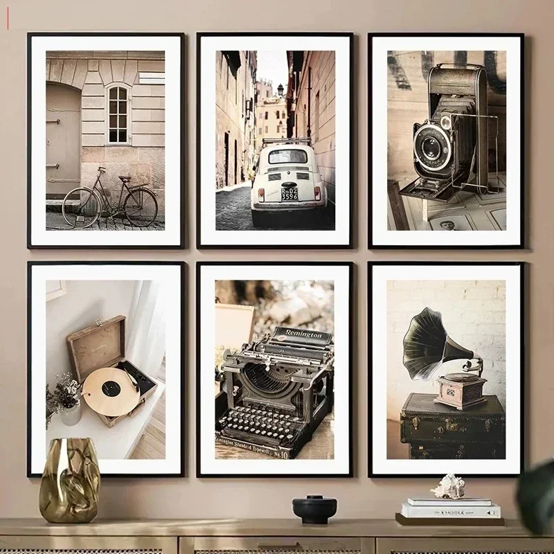 Vintage Camera Record Player Typewriter Minimalist Wall Art Print Canvas Painting Posters for Living Room Modern Home Decor
