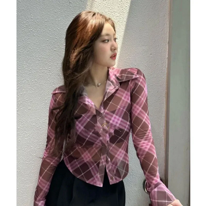 Deeptown Harajuku Plaid Chiffon Blouses Women Y2k Sexy Korean Style Long Sleeve Mesh Shirts See Through Crop Tops Streetwear