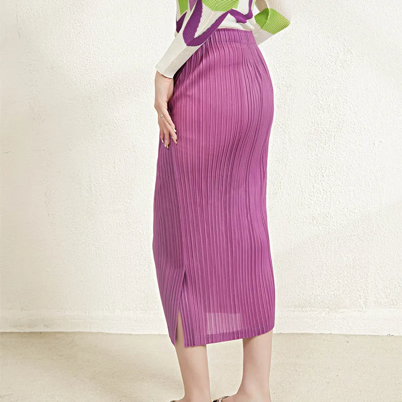 Skirts For Woman Solid Colour Spring And Summer Miyake Pleated High Waist Split Hip Hugged Midi Skirts Female