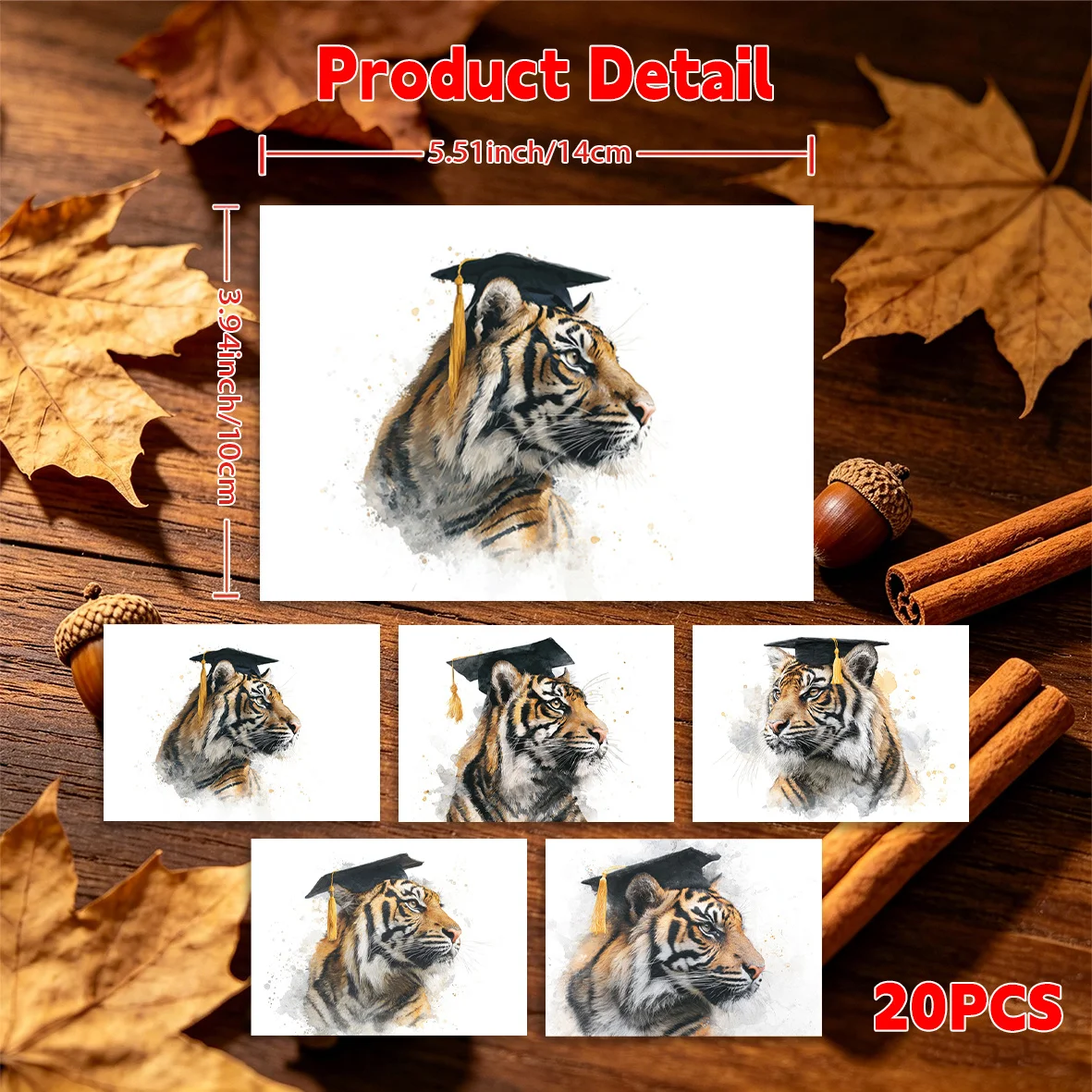 20PCS Exquisite Graduation Tiger Illustration Postcards, Watercolor Style Design Greeting Cards, Blank Back for Writing
