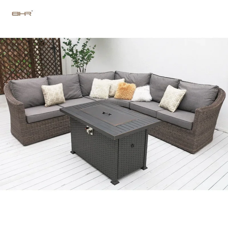 BHR Wicker Rattan Garden Furniture Outdoor Corner Sofa Patio Furniture Set with Fire Pit Table