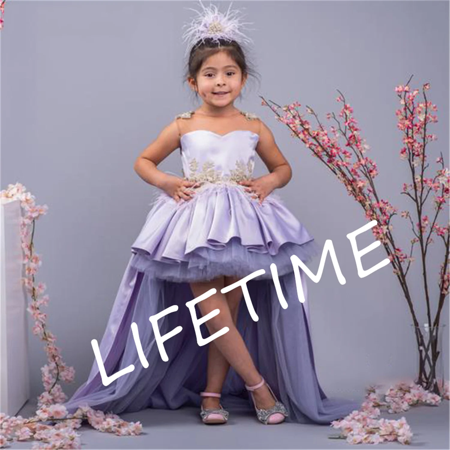 

Lilac Hi Low Flower Girl Dress Puffy Princess Dresses For Girls Cute Little Girl Party Dress Embroidery First Communion Gown