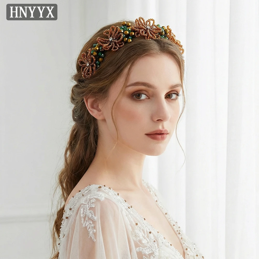 HNYYX Boho Handmade Beaded Flower Bridal Headband Vintage Gold Green Pearl Wedding Hair Hoop Bridal Hair Accessories A34