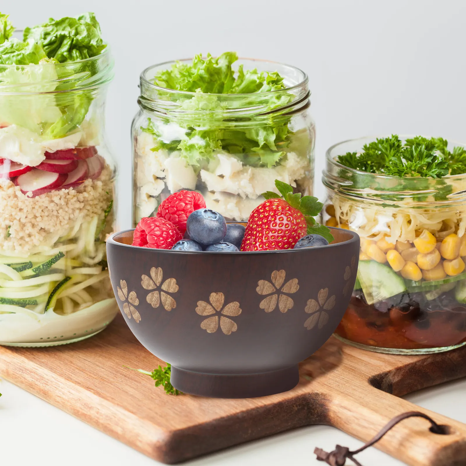 1Pcs Wood Bowl Japanese Style Heat Insulation Ramen Soup Salad Food Serving Bowl Kitchen Tableware Rice Storage Holder