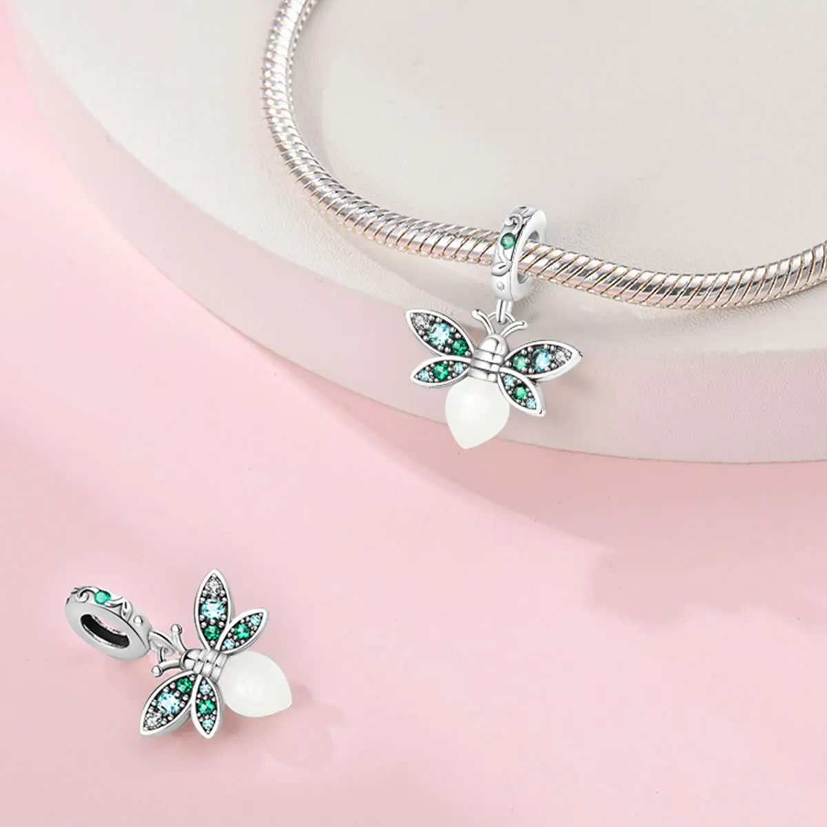 Glow-in Dark Charm 925 Sterling Silver Green Secret Luminous Firefly Pendant Suitable Fit DIY Fine Jewelry Gift Girl Bracelet