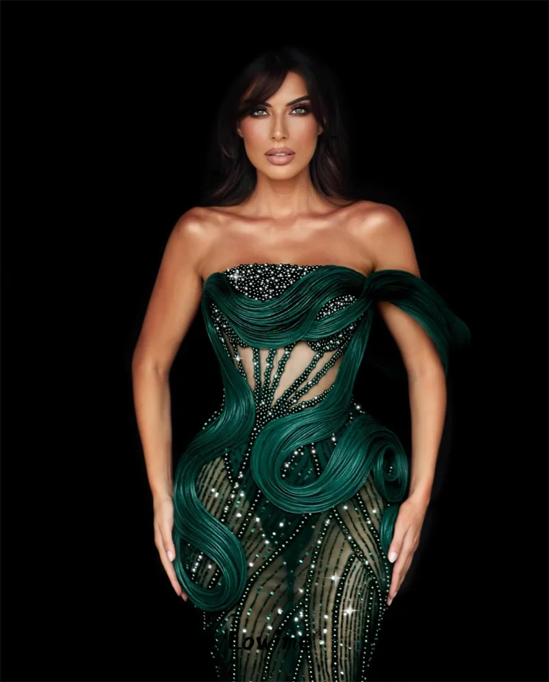 2024 Dark Green Party Dress Women Sexy Crystals Mermaid Prom Dresses Off Shoulder Beaded Celebrity Dress Birthday Evening Gowns