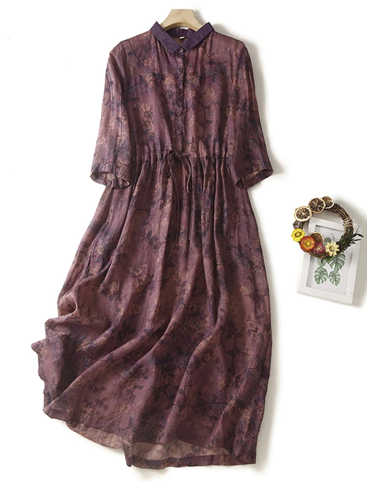 Vintage Purple Flower Print Cotton Women Dresses Polo Collar Single-Breasted Drawstring Shirt Dress A-Line Midi Sundress Robe