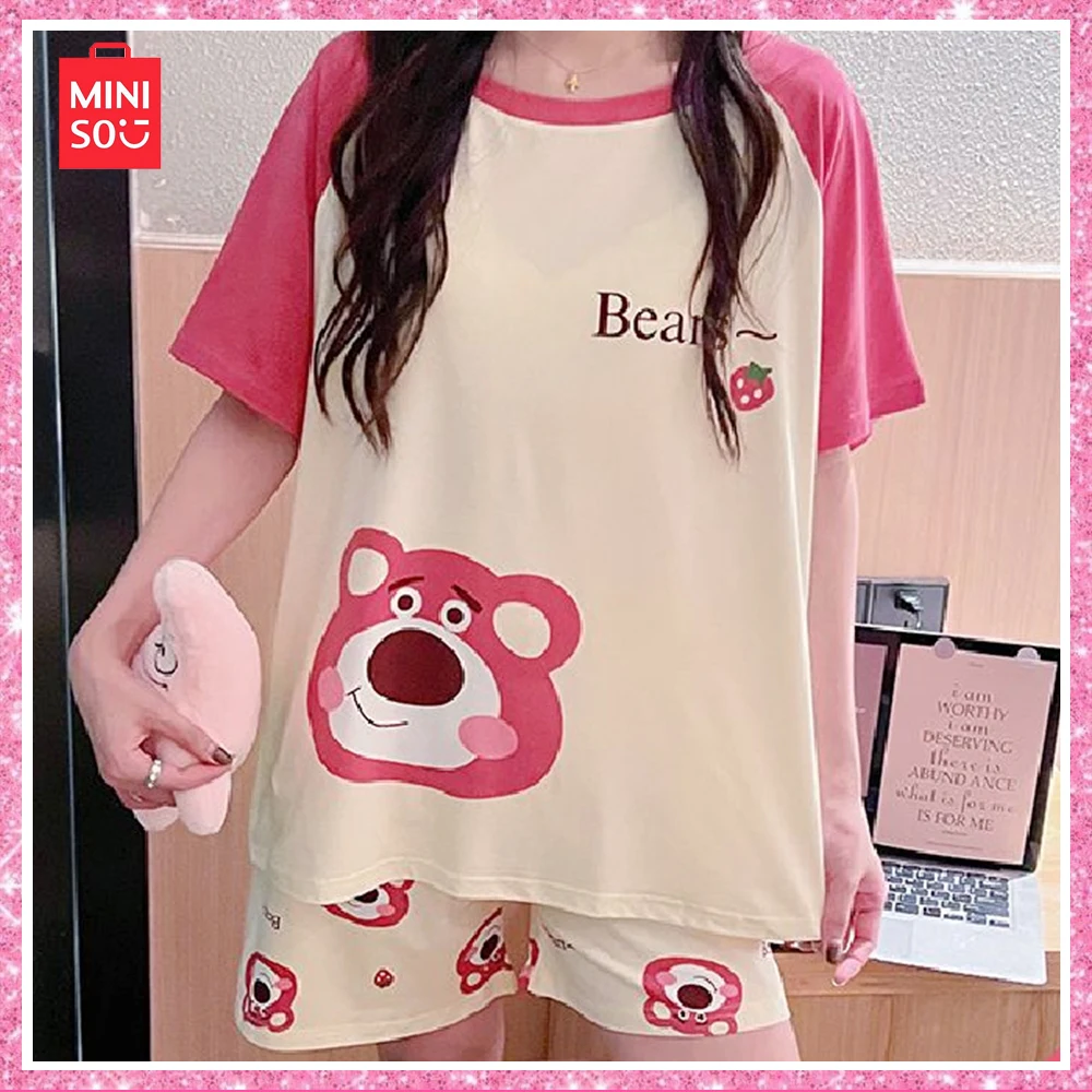 2024 Miniso Lotso New Summer Sweet Cool Cute Cartoon Pajamas Milk Silk Casual Loungewear Three Pieces Girls Birthday Gift