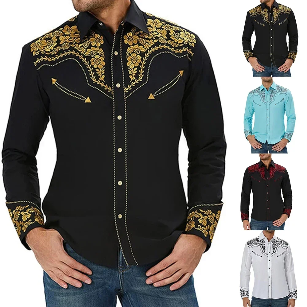 Retro Man Shirts And Blouses Western Graphic Print Long Sleeve Casual Vintage Slim Single Breasted Tops Clothing Shirt For Men