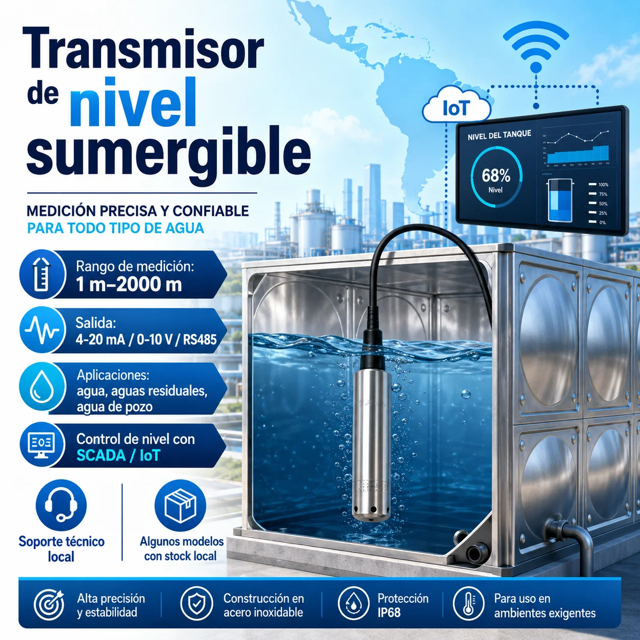 Submersible Level Transmitter 4-20mA IP68 Hydrostatic Water Level Sensor RS485 Modbus RTU 0-10V for IoT Tank Well Pump Control
