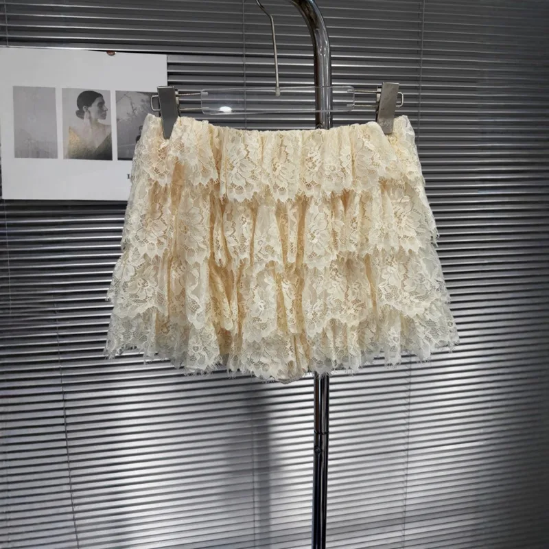 HKSH Women Skirt Fashionable French Style Sweet Elegant Lace Casual Solid Color Versatile Mini Layered Skirts Summer New HK24894