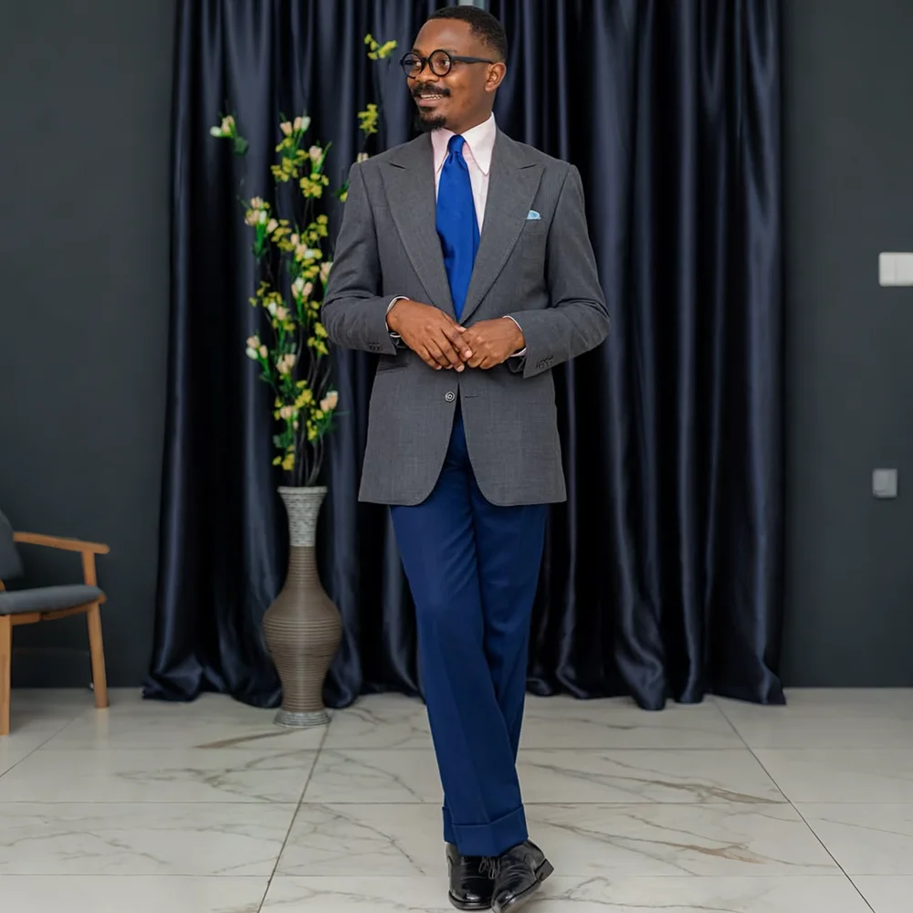 Classic Men Grey Peak Lapel Suit Single Breasted 2 Piece Host Set(Jacket+Pants) Formal Business Wedding Guest Male Clothing