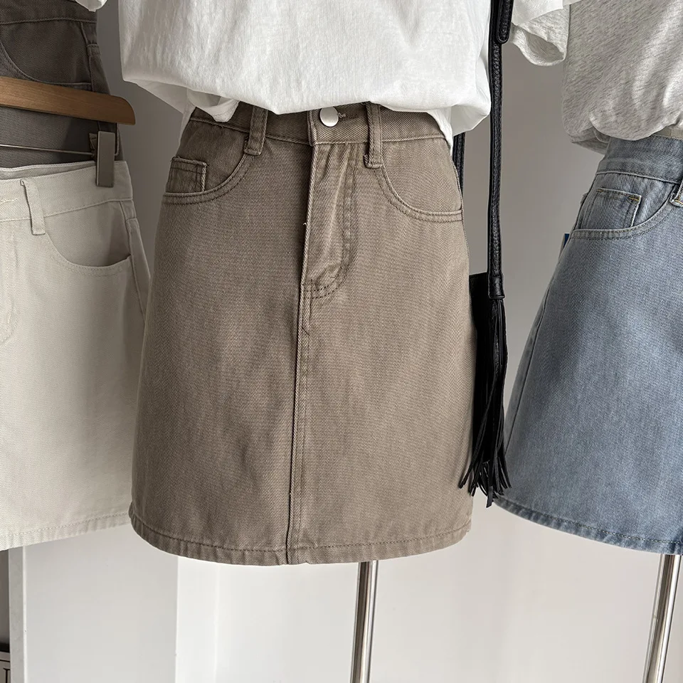 Khaki American Retro Washed Denim  Skirt Women's Spring Summer Chic Bodycon Short Skirts High Waist A-Line Half Body Skirts