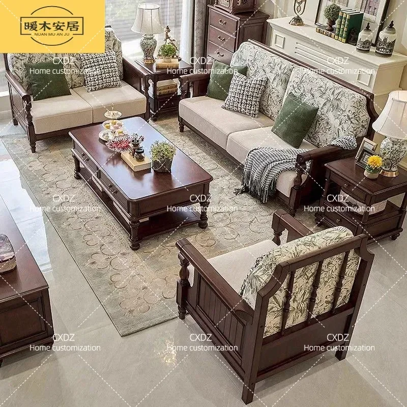 Retro Fabric Sofa All Solid Wood Living Room Walnut Wood Combination Sofa Home Villa Solid Wood Frame