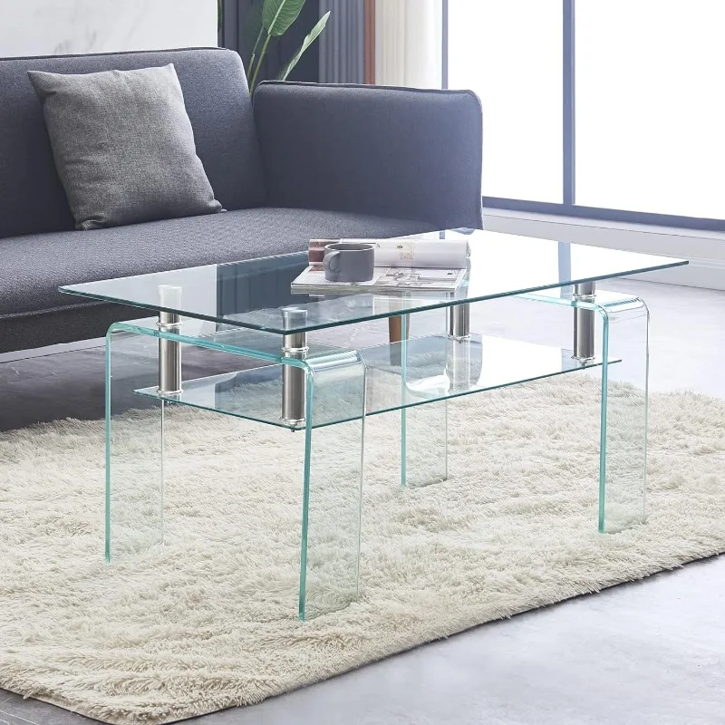 Glass Coffee Table, Modern Tempered Glass Clear Coffee Tables for Living Room, Small Rectangle Glass Couch Coffee Tables