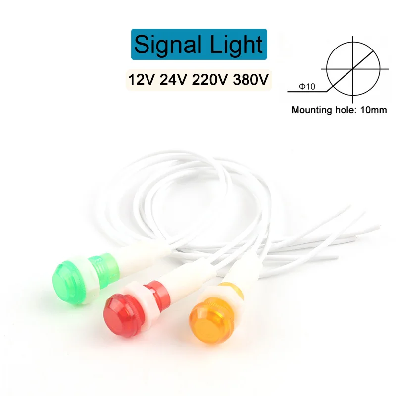 10PCS 10mm Signal Lamp Panel Mounting LED Indicator Red Green Yellow Light 12V 24V 380V 220V Pilot Guiding