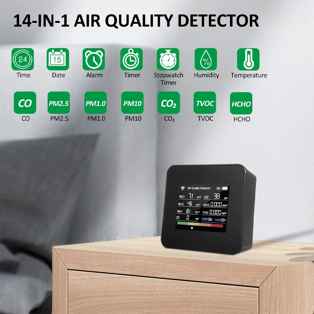 14in1 Air Quality Monitor CO2 CO TVOC HCHO PM2.5 PM1.0 PM10 TRMP Meter WiFi APP Control Air Quality Tester For Home Outdoor