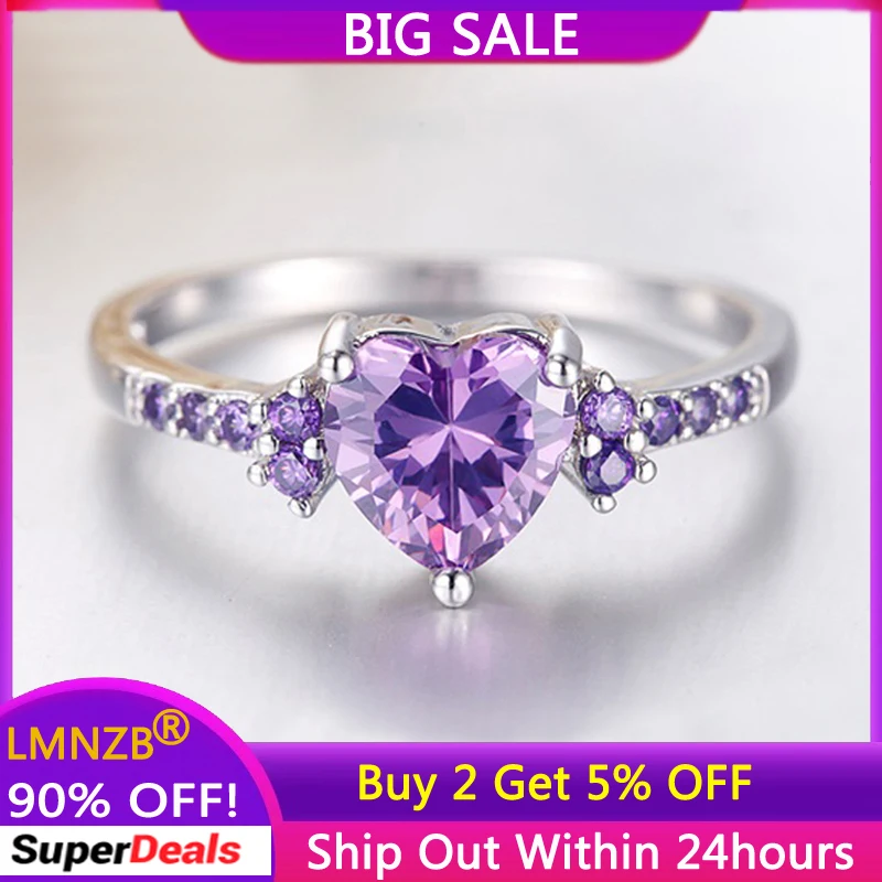 LMNZB With Credentials Tibetan Silver Fashion Women Wedding Jewelry Cute Heart Design Purple Crystl Amethyst Ring R988