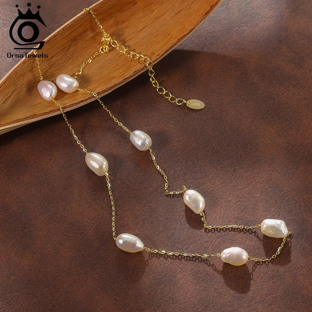

Ожерелье-чокер ORSA JEWELS из золота 14 карат и серебра 925 пробы с жемчугом, 7-8 мм, ручной работы, барочный жемчуг, тонкая цепочка, для женщин, GPN97