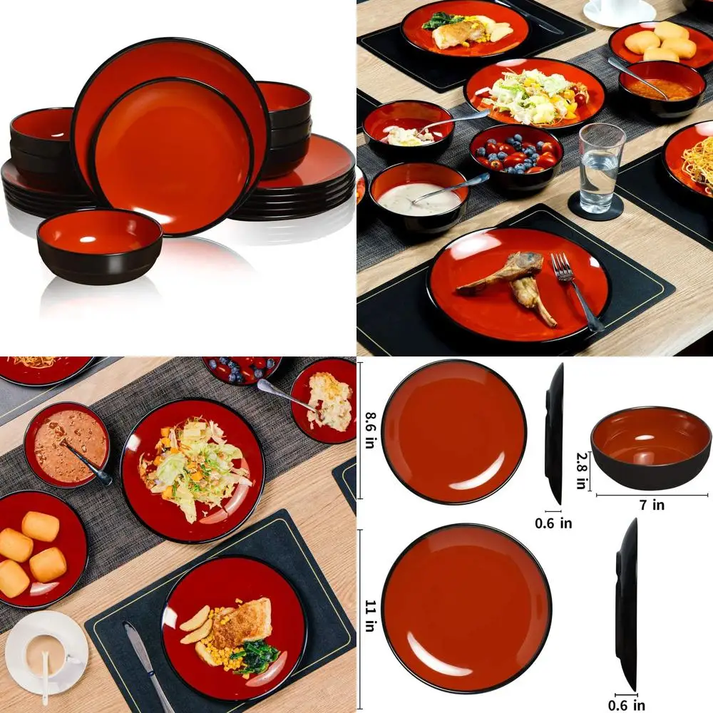 

6-Person Melamine Dinner Set with Bowls and Plates, Durable and Lightweight, Black & Red Design
