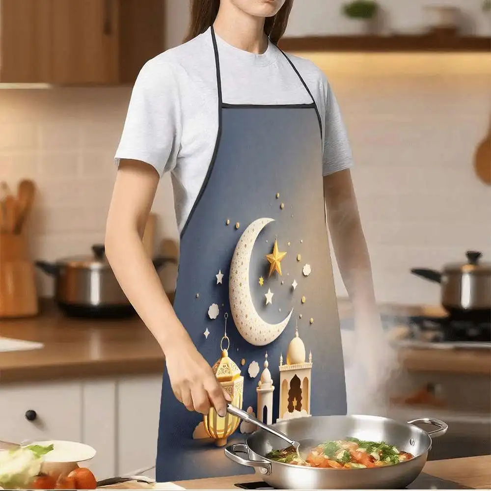 Eid Mubarak Crescent Moon Star Lantern Kitchen Apron - Islamic Festival Paper Cut Art Chef Bib for Ramadan Cooking Baking