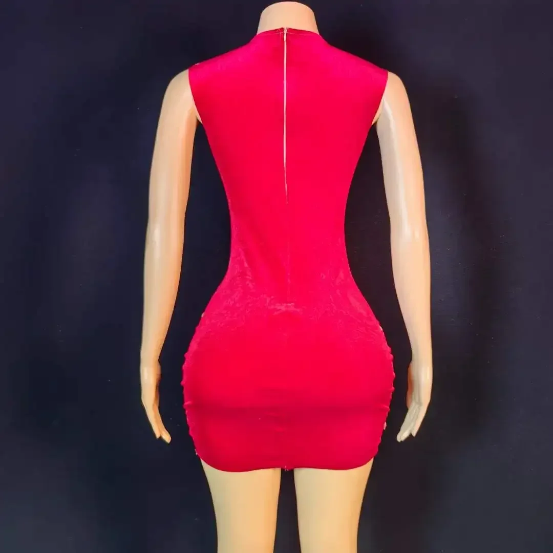 Sukienka z siateczki, zdobiona czerwonymi kryształkami, dla kobiet, na urodziny, dla showgirl, piosenkarki, na imprezę, bez rękawów, aksamitna, kostium sceniczny, DS, drag queen.