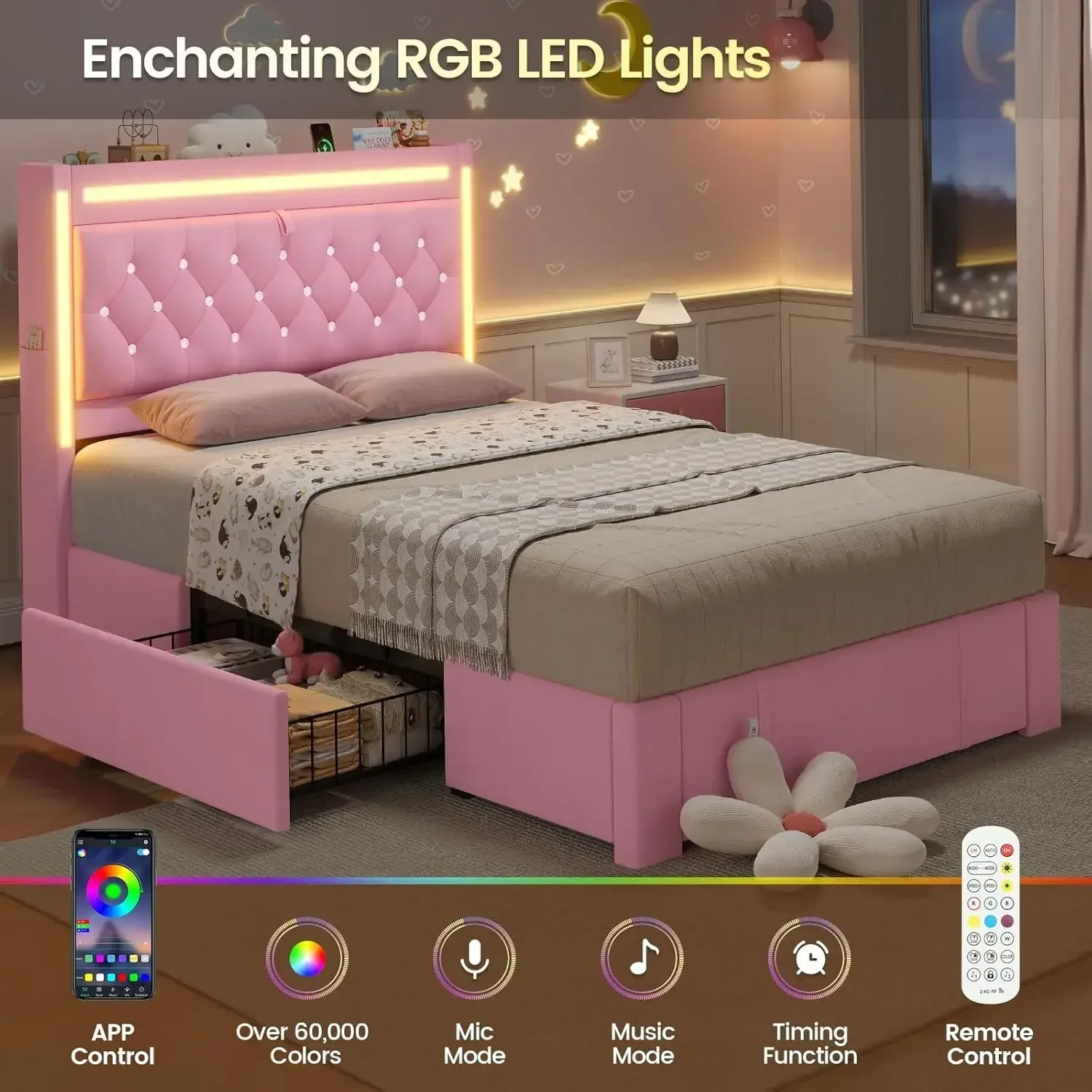 

Velvet Hidden Storage Headboard Twin Upholstered LED Bed Frame with 3 Drawers, with Charging Station, Button Tufted Headboard