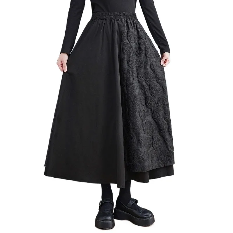 Falda negra Vintage Floral de cintura alta elástica para mujer, faldas por debajo de la rodilla informales holgadas, ropa elegante de moda para primavera y otoño 2025