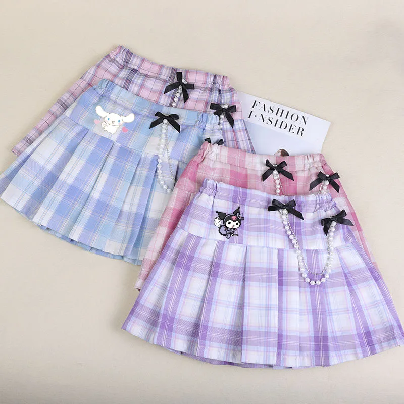 Girls Pleated Skirt Sanrios Cinnamoroll Jk Skirt Plaid Kawaii Kuromi Y2K High Waist Bow Princess Skirt Japanese School Uniforms