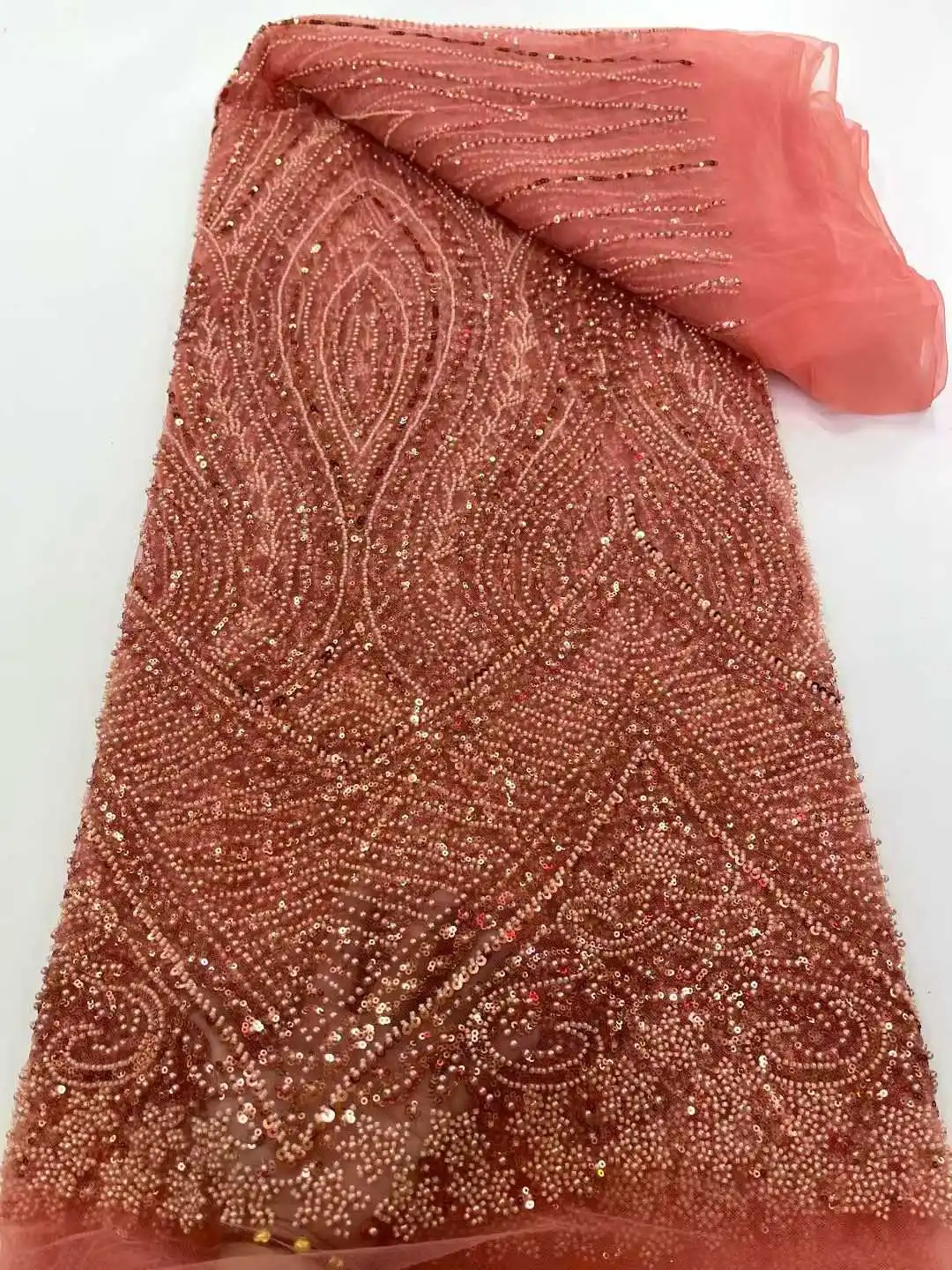 

African Beaded Sequins Lace Fabric Brown Nigeria French Groom Embroidery Mesh Tulle Lace for Women Wedding Dresses Party