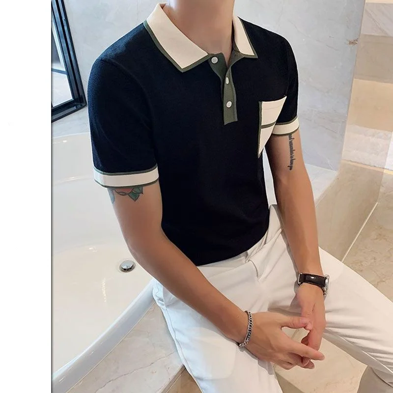 Summer Handsome British Style Fashion Trend Color Block Pocket Slim Fit Simple Casual Business Short Sleeved POLO Shirt 2024