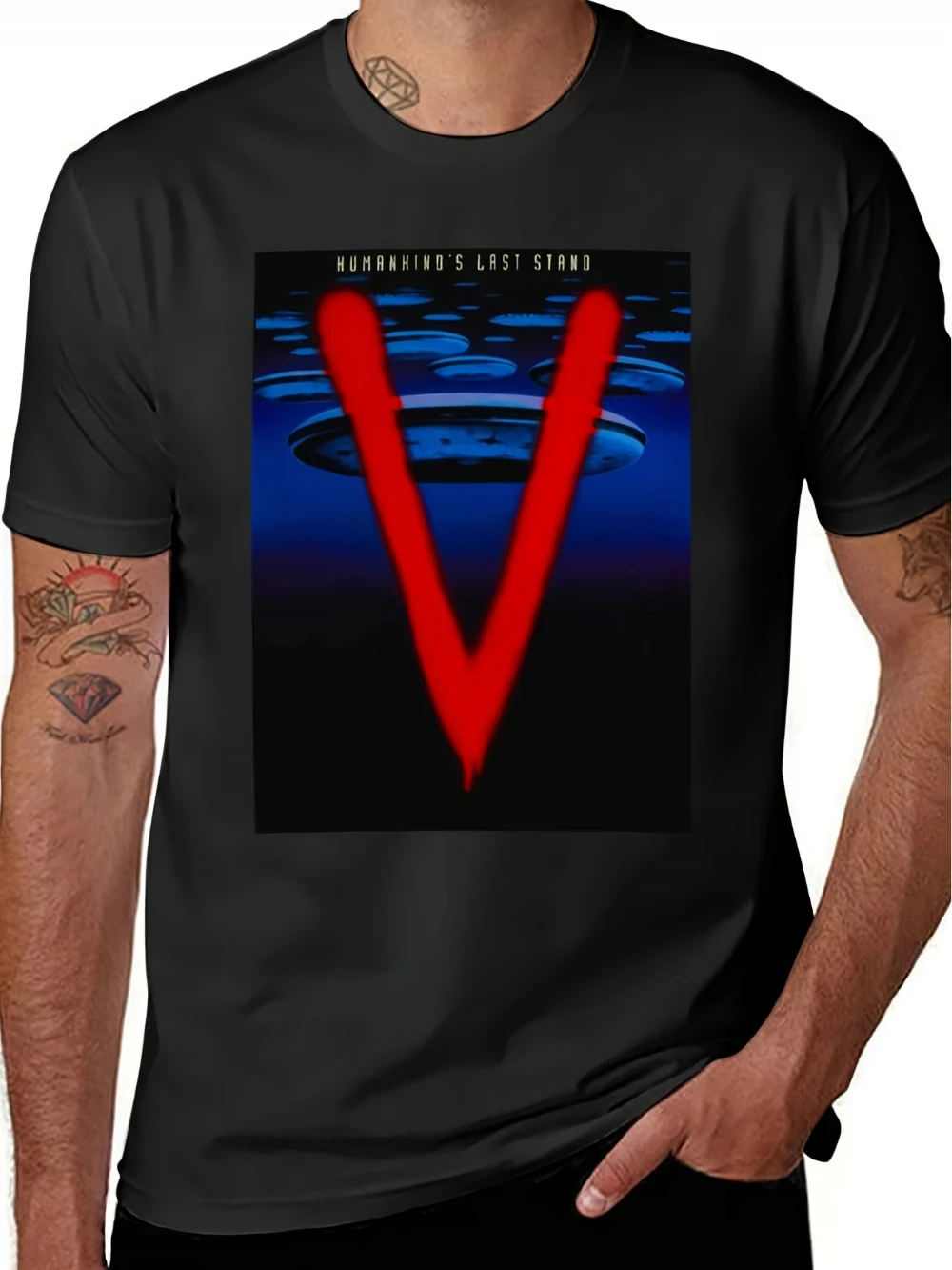 Men's V-Star Invasion Mini Collection T-Shirt Iconic red V logo with alien spaceship design black crew neck short-sleeve T-shirt
