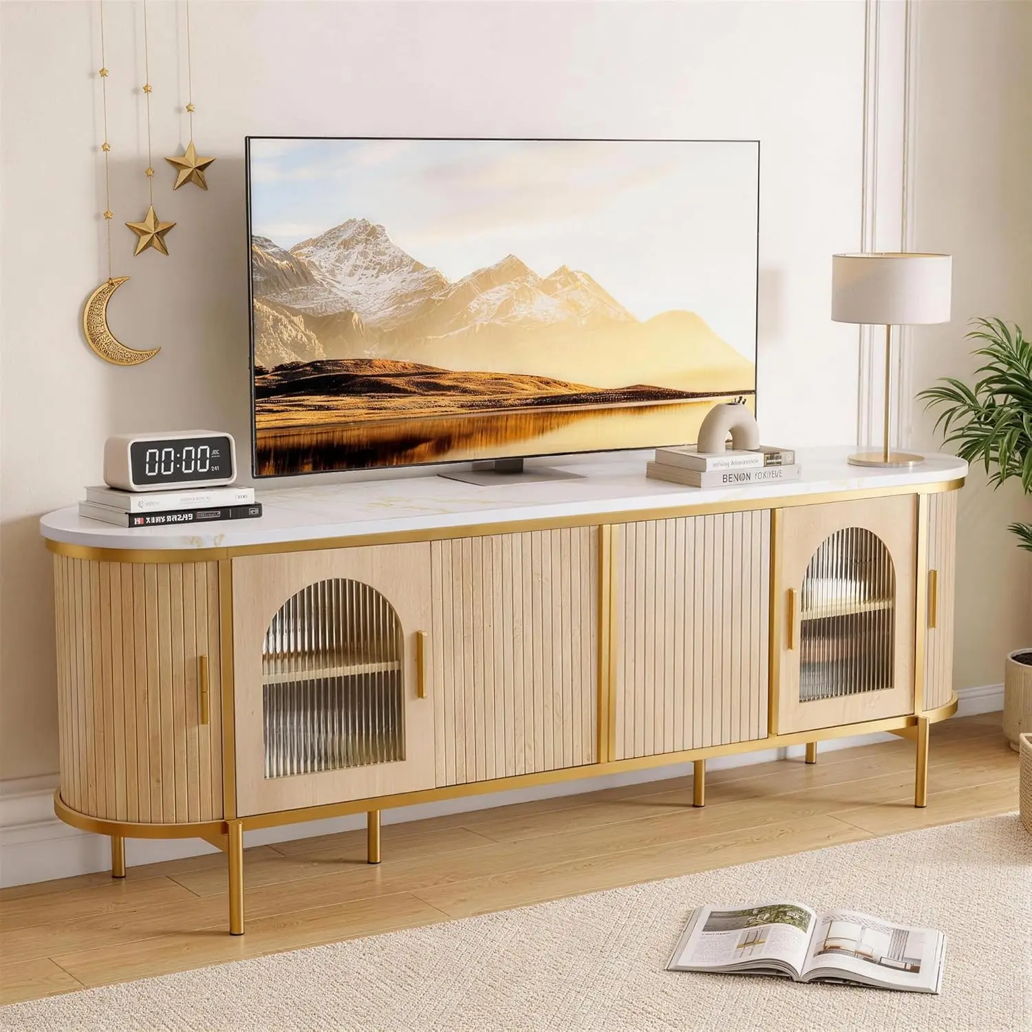 

Тумба под телевизор 70 дюймов с рифленой отделкой, для телевизоров до 80 дюймов, раздвижными и стеклянными дверцами, в стиле Mid-Century Modern, ТВ-консоль