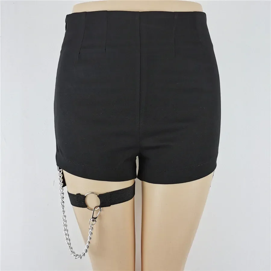 Gothic Punk Sexy Leg Loop Garter Shorts Women High Waist Black Sexy Pants with Metal Chain Streetwear Sexy harajuku