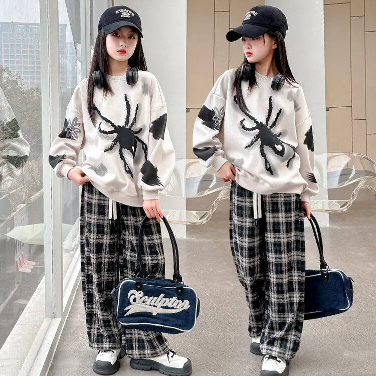 

Autumn Teenage Girl Clothes Set Children's Girls Spider hoodie Top and Plaid Pant 2 Pieces Suit Kid Letter Tracksuit 5-14Y