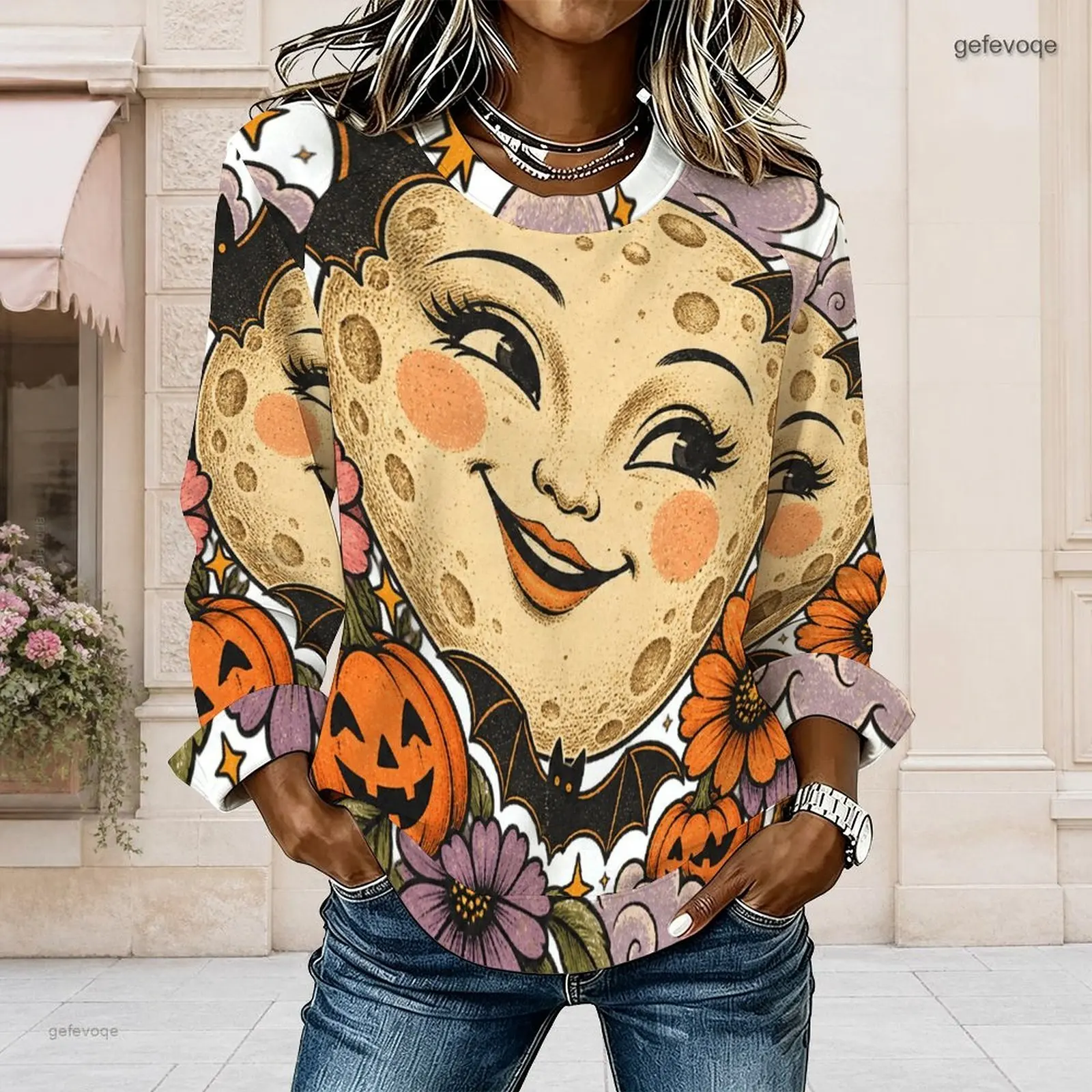 Women Round Neck Long Sleeve Top, Cartoon Moon Jack-o'-Lantern Bat Floral Printed Casual Top