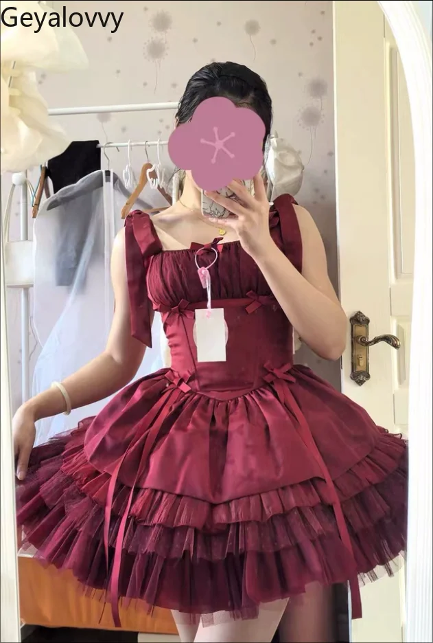 

Red Lolita Sweet Girls Lace High Waist Short Dress Summer New Bow Lace-up Slimming Sleeveless Fluffy Princess Dresses