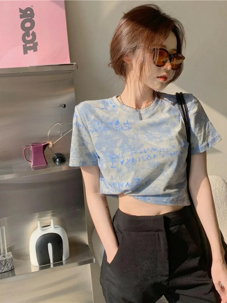 Trendy Tie-Dye Short Sleeve T-Shirt Women's Loose Summer 2024 New Korean High Waist Belly Button Short Top Women's Clothing