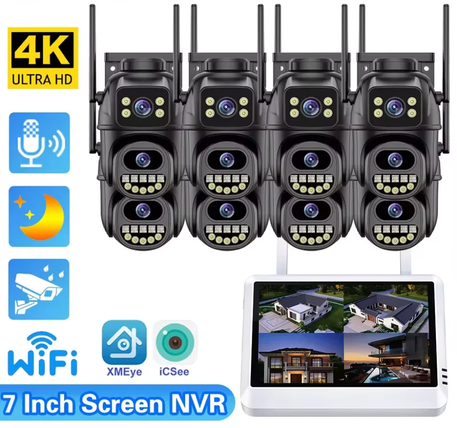 9MP Wifi PTZ IP Security Camera Kit 8x Zoom 4CH Wireless NVR Outdoor 8CH NVR 7-inch LCD CCTV Security Camera System 4CH