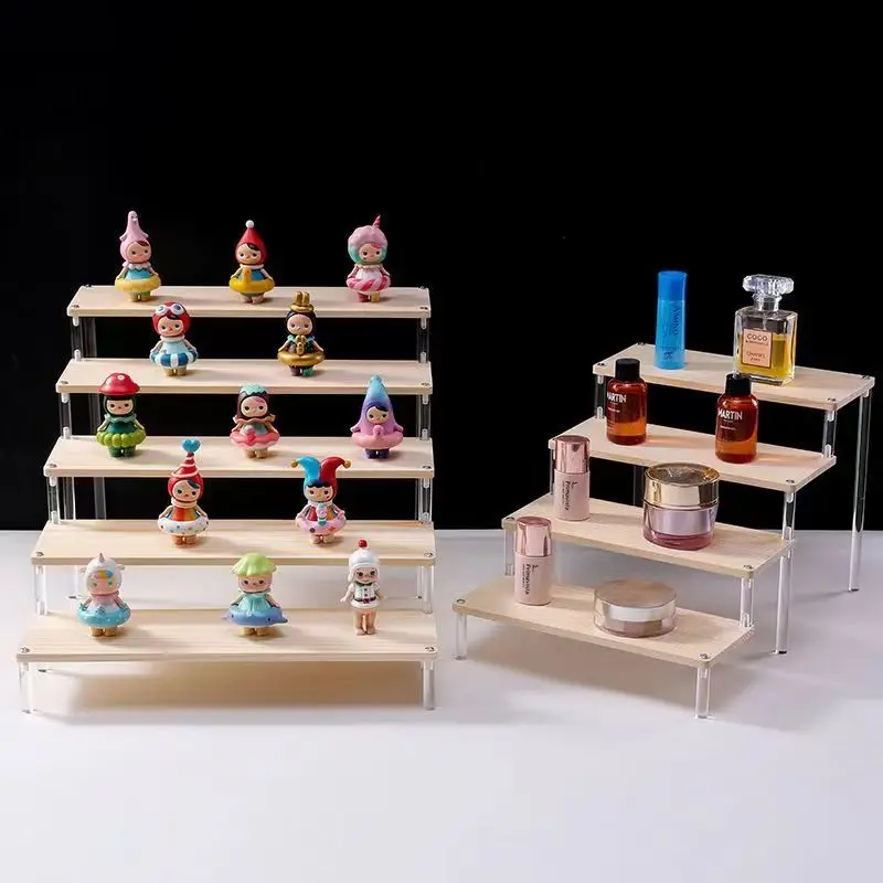 2-5 Tier Transparent Acrylic Base Solid Wood Display Stand Stepped Toys, Models, Cosmetics, Skin Care Products Display Stand