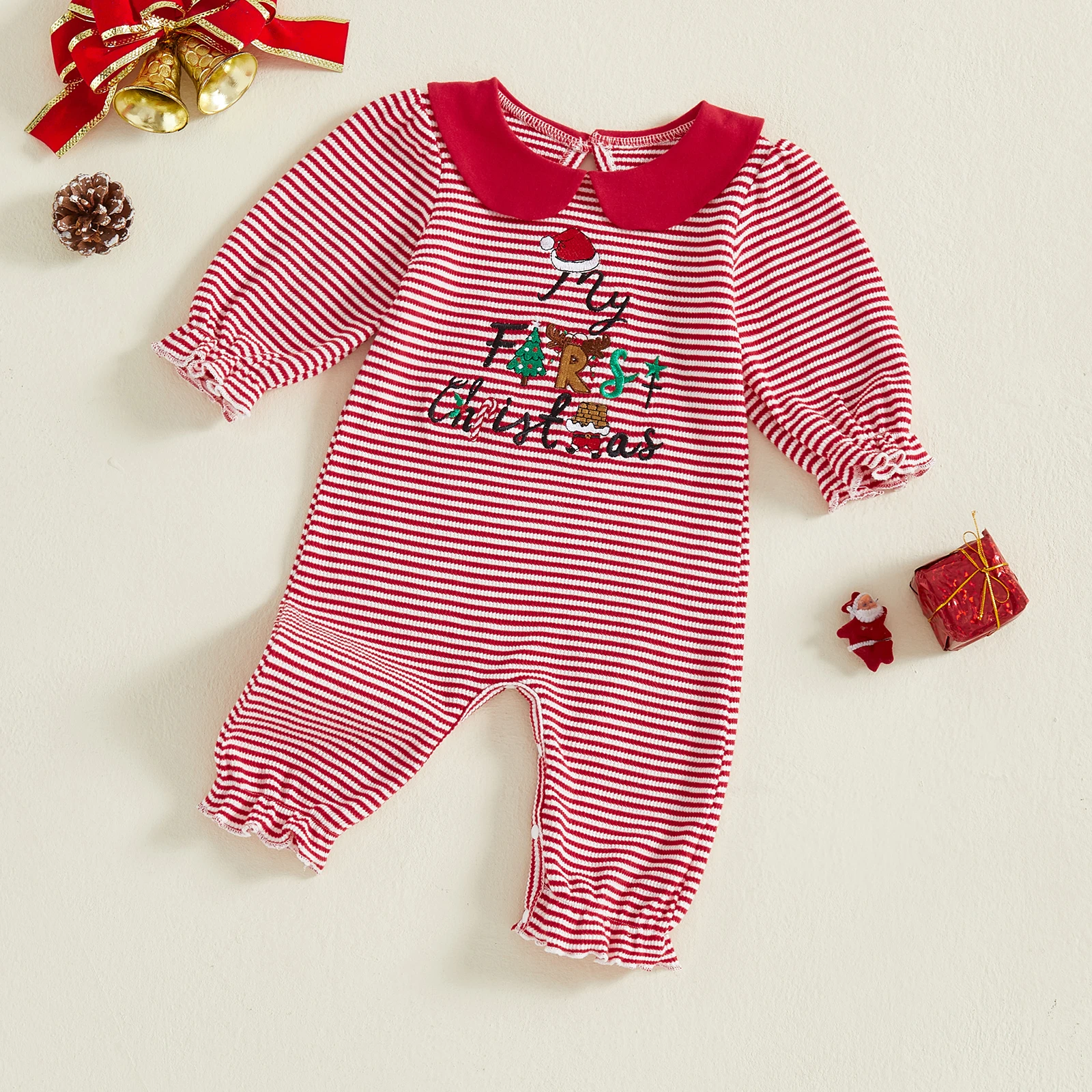 

Комбинезон для маленьких мальчиков и девочек, рождественский пышный вязаный комбинезон с длинными рукавами и круглым вырезом, полосатый комбинезон с вышивкой букв